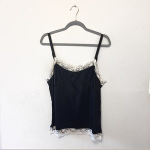 Black Satin Cami with White Lace Trim